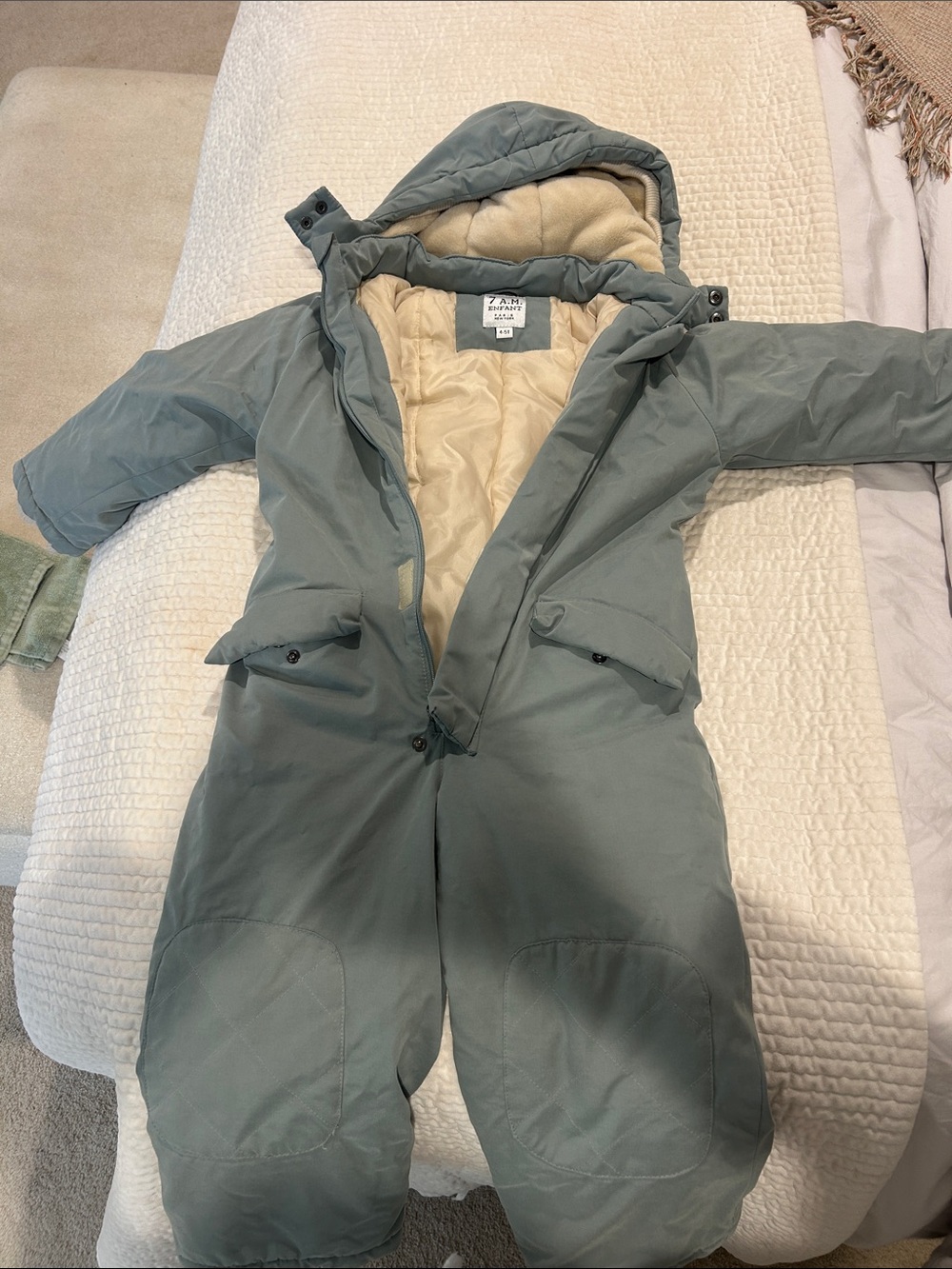 7AM ENFANT Snowsuit on Maisonette for $172. Sage Green Hooded. Super cosy